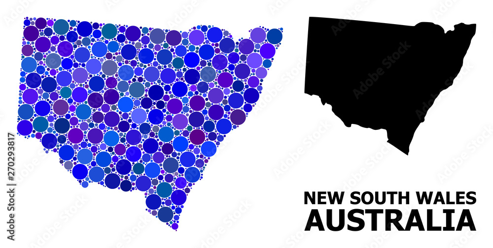 Obraz premium Blue Round Dot Mosaic Map of New South Wales