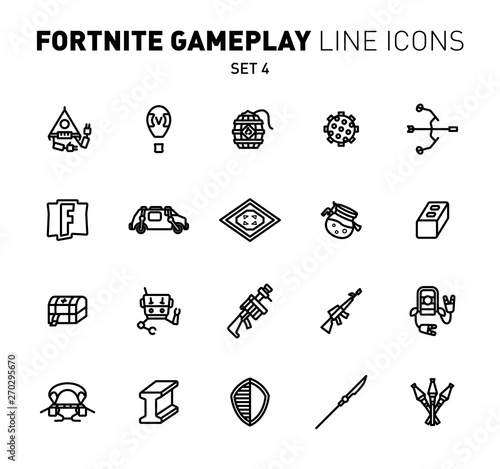 Fortnite epic game play outline icons. Vector illustration of combat military facilities. Linear flat design. Set 4 of black icons for Fortnite. photo