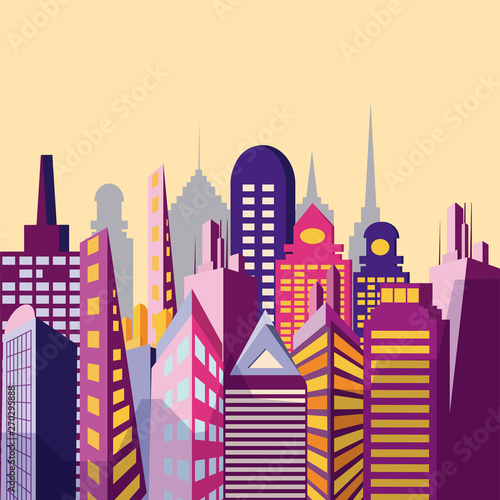 Landscape with modern tall buildings of downtown or business area. Cityscape with skyscrapers. City development, construction and architecture. Colorful vector illustration in flat style.