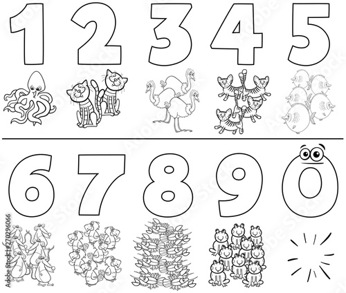 numbers set with cartoon animals color book