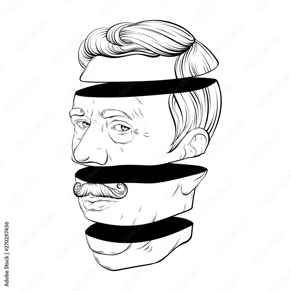 Vector hand drawn illustration of old man with moustache isolated. Creative tattoo artwork. - obrazy, fototapety, plakaty 