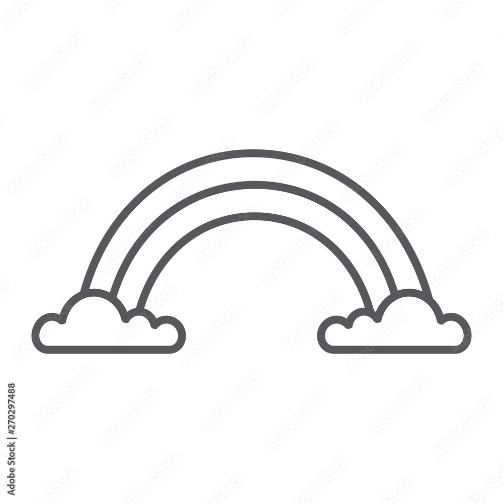 Rainbow thin line icon, weather and climate, rainbow on clouds sign, vector graphics, a linear pattern on a white background. Rainbow thin line icon, weather and climate, rainbow on clouds sign, vector graphics, a linear pattern on a white background.