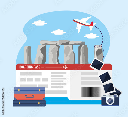 stonehenge with ticket and camera with pictures and baggages