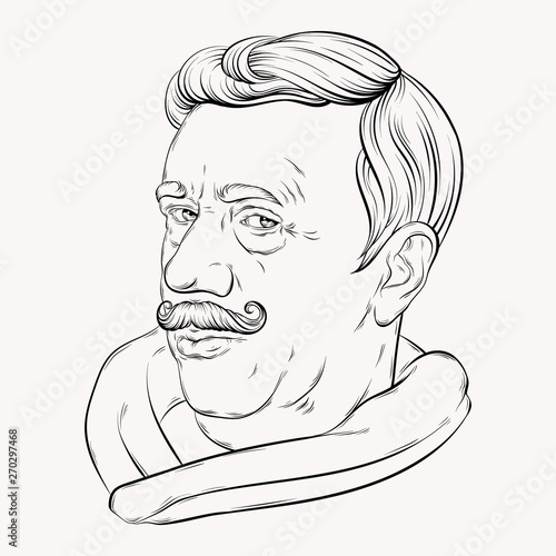 Vector hand drawn illustration of old man with moustache isolated.