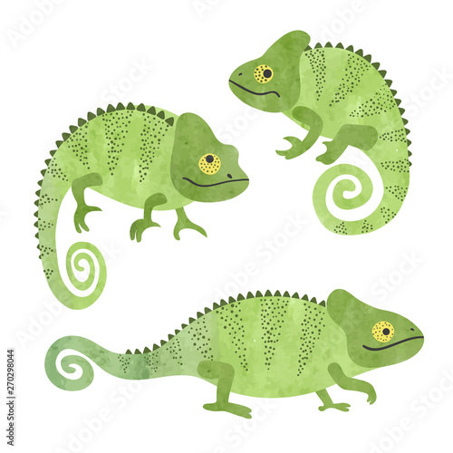 Set of funny watercolor chameleons. Vector lizards.
