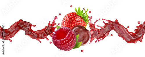 weet tasty fresh ripe strawberry raspberry, cherry juice mix splash wave with strawberry, cherry and raspberry. Red berry juice splashing with forest fruits banner or label. 3D render