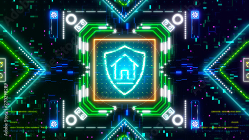 Fototapeta Naklejka Na Ścianę i Meble -  Security and protection. Shield and home symbol on glitch cyber background.