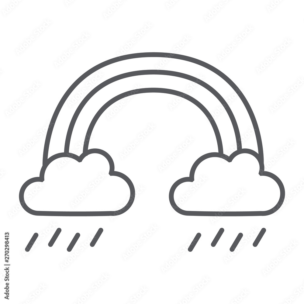 Rainbow and rain thin line icon, weather and nature, rainy sign, vector graphics, a linear pattern on a white background. Rainbow and rain thin line icon, weather and nature, rainy sign, vector graphics, a linear pattern on a white background.
