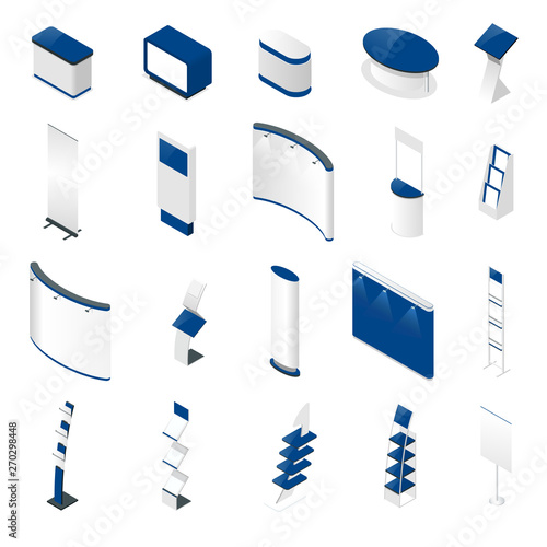 Isometric Expo Stands. Exhibition Demonstration Stand Concept. Exposition booth. Blank mockup.