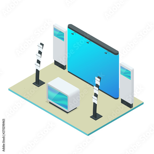 Isometric Expo Stands. Exhibition Demonstration Stand Concept. Exposition booth. Blank mockup.