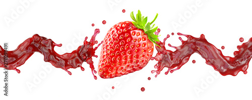 Sweet fresh strawberry juice or jam splash wave swirl with strawberry. Red berry juice splashing strawberries juice isolated. Liquid healthy drink fruit label design element. 3D render