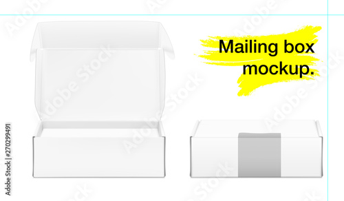 Business mailing box mockup. Open and close view. Ready for presenting your product. Vector illustration isolated on white background. EPS10.	