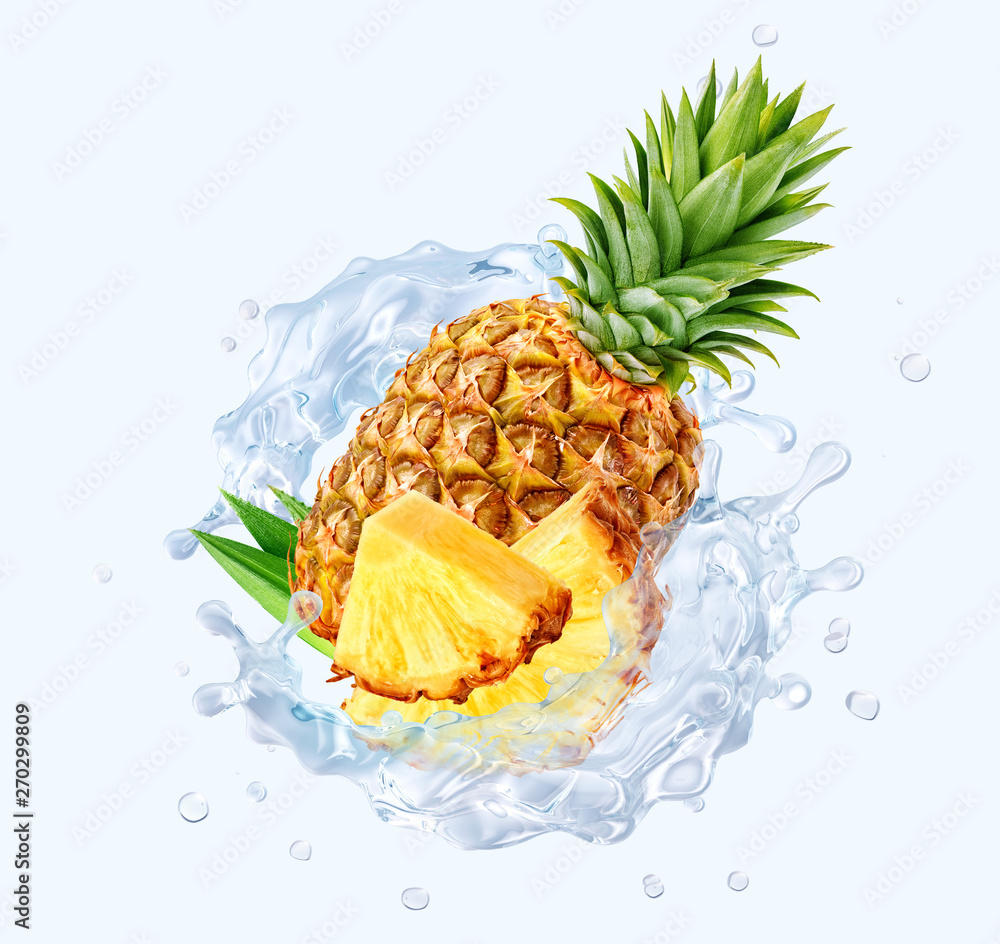 Fresh cold pure pineapple water with pineapple slices and 3D waves splash. Pineapple water or cocktail wave swirls design elements. Healthy flavored detox drink splash banner with water Fresh cold pure pineapple water with pineapple slices and 3D waves splash. Pineapple water or cocktail wave swirls design elements. Healthy flavored detox drink splash banner with water