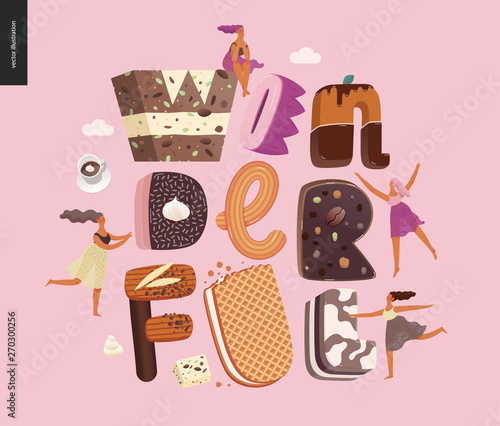 Dessert lettering - Wonderful - modern flat vector concept digital illustration of temptation font, sweet lettering and girls. Caramel, toffee, biscuit, waffle, cookie, cream and chocolate letters