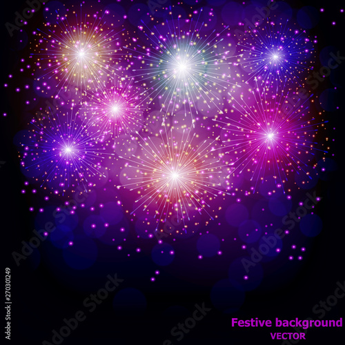 Bright firework for holidays. Sparkling in dark blue sky. Fireworks for festive events, new year, Christmas, 4th July. Vector illustration.