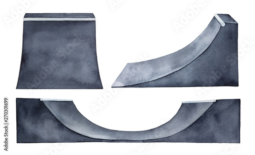 Skateboard half pipe illustration collection. Stylish background for text, message, schedule, inspirational quote. Handdrawn watercolour sketchy drawing on white, isolated clipart elements for design.
