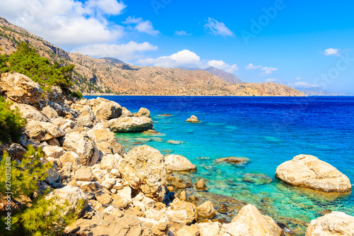 View of beautiful sea shore at Apella beach, Karpathos island, Greece