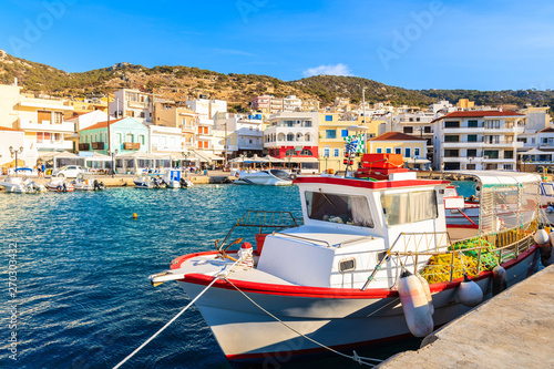 Fishing boat in picturesque Pigadia port, Karpathos island, Greece