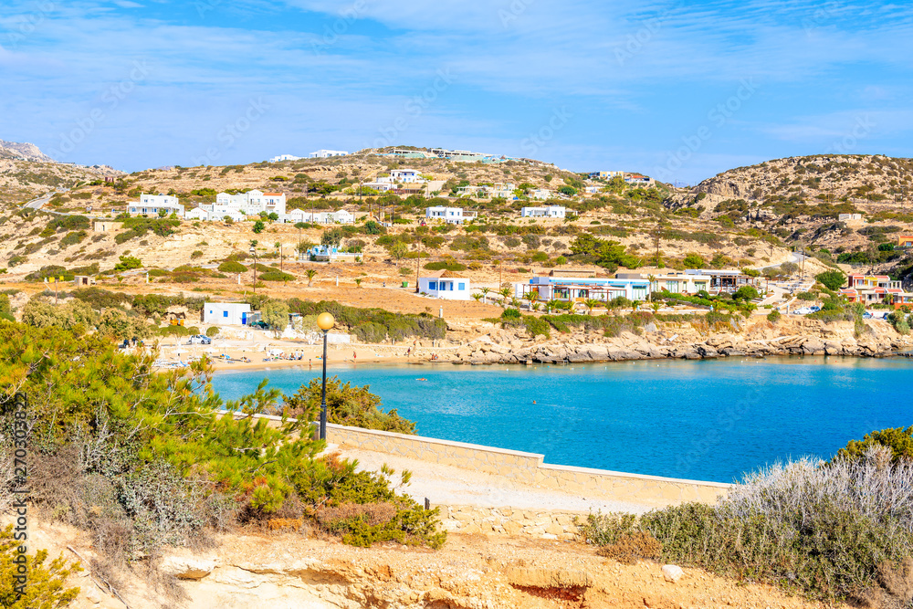 View of sea bay with beautiful beach on Karpathos island in Ammopi village, Greece
