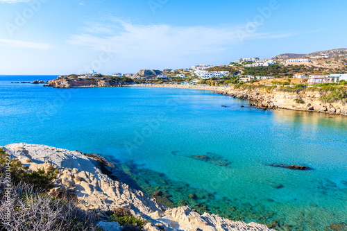 View of sea bay with beautiful beach on Karpathos island in Ammopi village, Greece