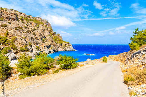 Road to idyllic Achata beach and azure sea, Karpathos island, Greece
