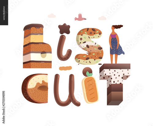 Dessert lettering - Biscuit - modern flat vector concept digital illustration of temptation font, sweet lettering and girls. Caramel, toffee, biscuit, waffle, cookie, cream and chocolate letters
