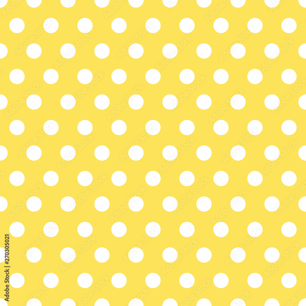 bright yellow Seamless Background with Polka Dot pattern. Polka dot fabric. Retro pattern. Casual stylish white polka dot texture on bright Yellow background.