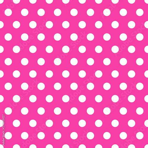 bright pink Seamless Background with Polka Dot pattern. Polka dot fabric. Retro pattern. Casual stylish white polka dot texture on bright pink background.
