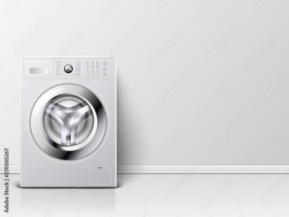 Vector Background with 3d Realistic Modern White Steel Washing Machine Closeup. Background. Design Template of Wacher. Front View, Laundry Concept