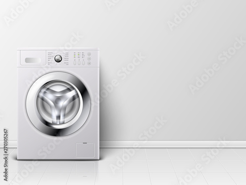 Vector Background with 3d Realistic Modern White Steel Washing Machine Closeup. Background. Design Template of Wacher. Front View, Laundry Concept