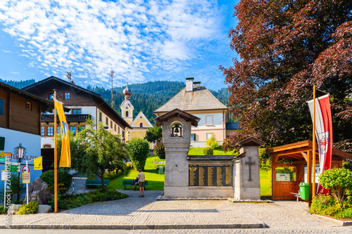 TIROL, AUSTRIA - JUL 29, 2018: Small religious building on square in beautiful alpine village of Going am Wilden Kaiser on sunny summer day, Tirol, Austria.