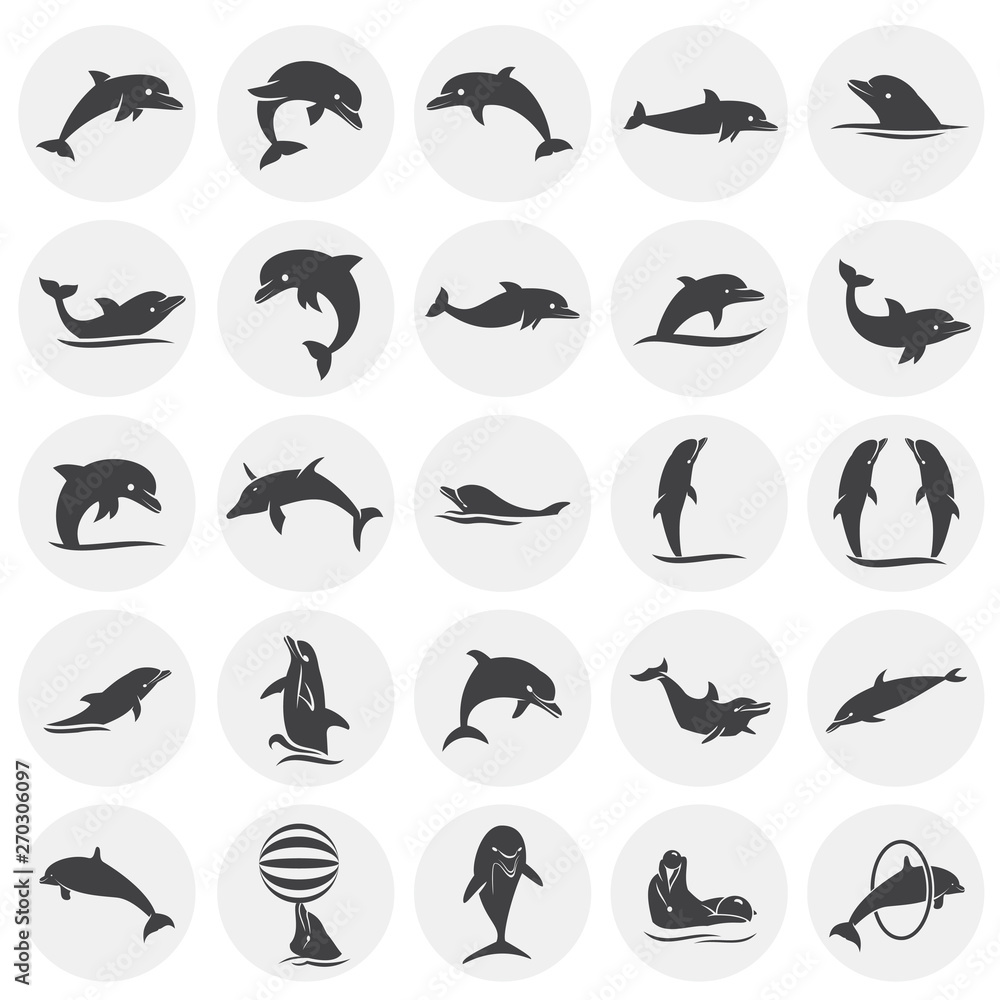 Dolphin icons set on background for graphic and web design. Simple illustration. Internet concept symbol for website button or mobile app.