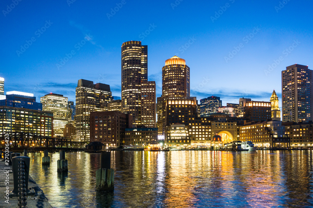 Night Skyline Boston Harbor
