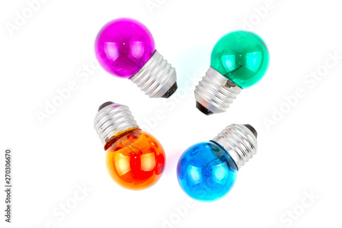 Group of Multiple color Incandescent round light bulb isolated on white background.