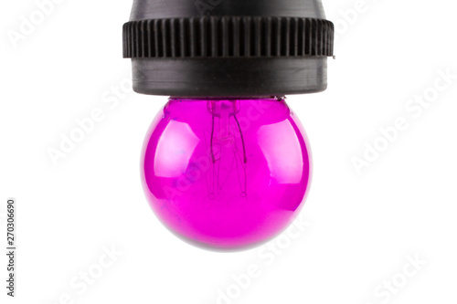 Pink Purple Incandescent round light bulb hanging on ceramic Lamp Holders covered with black rubber isolated on white background.