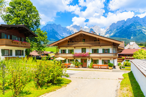 Traditional alpine houses in village of Going am Wilden Kaiser on beautiful sunny summer day, Tirol, Austria