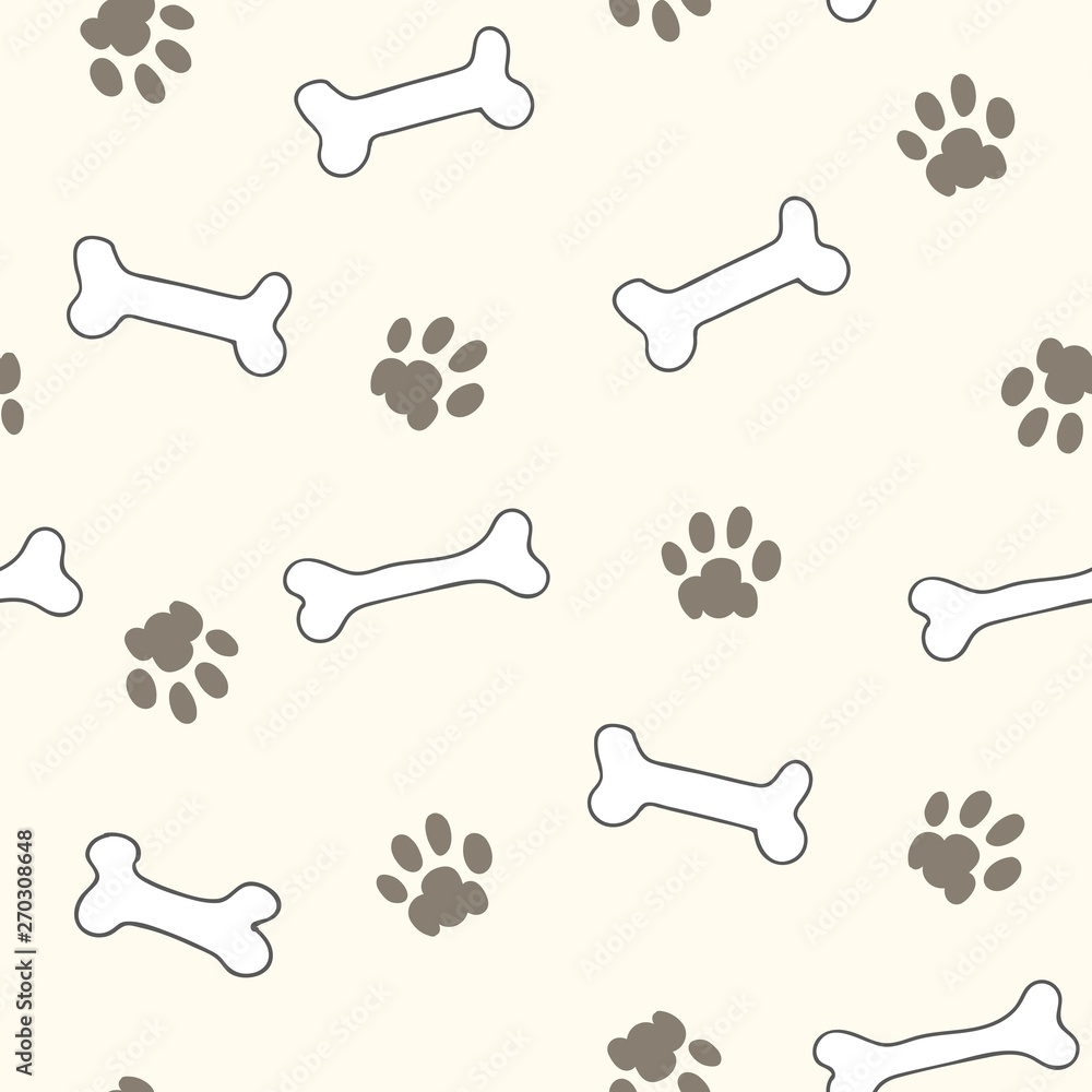 Seamless repeat pattern with bones and paw prints on an ivory background Seamless repeat pattern with bones and paw prints on an ivory background