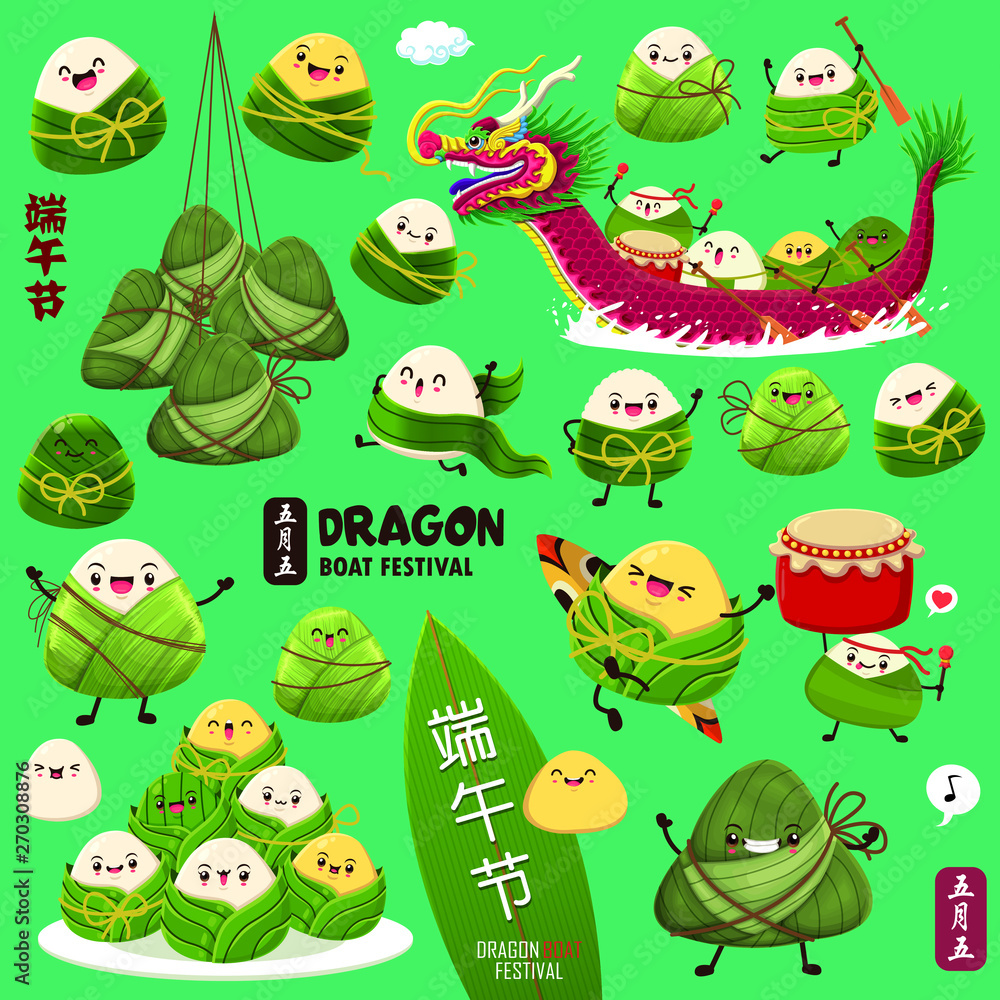 Obraz premium Vintage Chinese rice dumplings cartoon character & dragon boat. Dragon boat festival illustration.(caption: Dragon Boat festival, 5th day of may)
