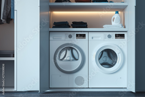 Washing and dryer machines with laundry detergent and clothes. 3d rendering. photo