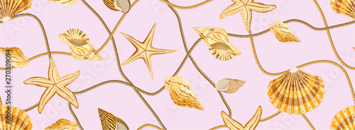 Trendy seamless pattern with seashells. Golden shells, starfish and waves of rope on a pink background. Ornament with sea elements