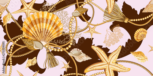Seamless pattern with seashells in Baroque style . Golden shells, starfishes, ropes and pearls on a pink background. Ornament with sea elements.