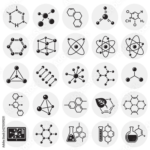 Molecules icons set on cirles background for graphic and web design. Simple vector sign. Internet concept symbol for website button or mobile app.