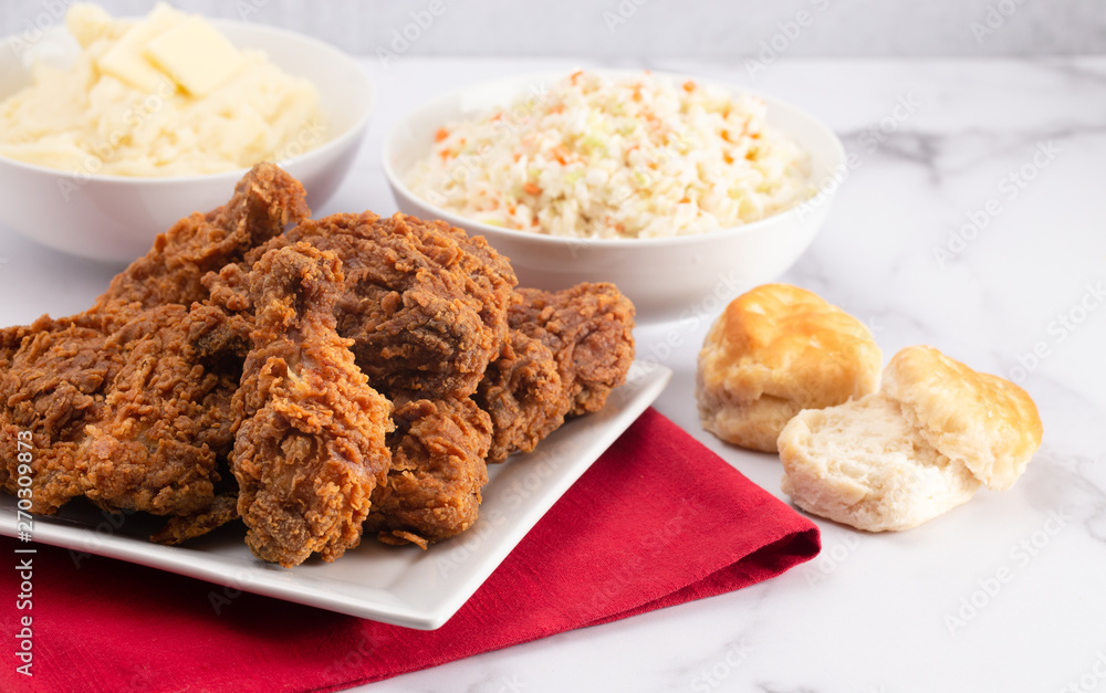 Meal of Fried Chicken Mashed Potatoes Coleslaw and Buttermilk Biscuits Meal of Fried Chicken Mashed Potatoes Coleslaw and Buttermilk Biscuits