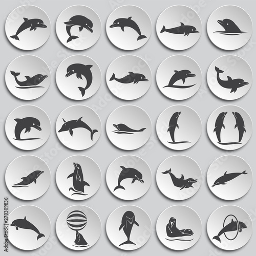 Dolphin icons set on background for graphic and web design. Simple illustration. Internet concept symbol for website button or mobile app.