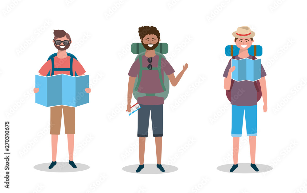 set of men with backpack and global map with sunglasses set of men with backpack and global map with sunglasses