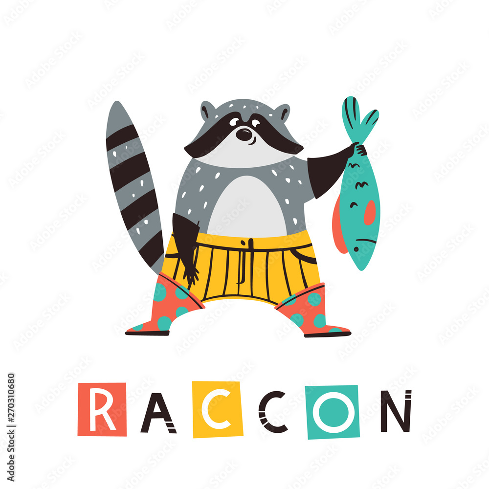 Cute cartoon raccoon with fish. Vector illustration in Scandinavian style