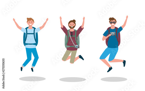 set of happy men jumping with backpack and camera