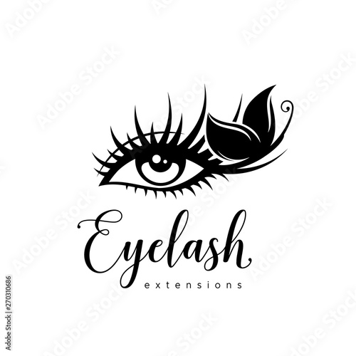 Eyelash extension logo. Makeup with black butterfly. Vector illustration in a modern style