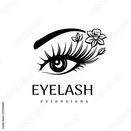 Eyelash extension logo. Makeup with flowers. Vector illustration in a modern style