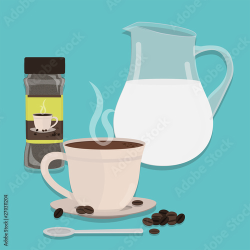 Jug of milk, cup of hot coffee drink and coffee packing. Spoon in front of the cup. Blue backgroung.